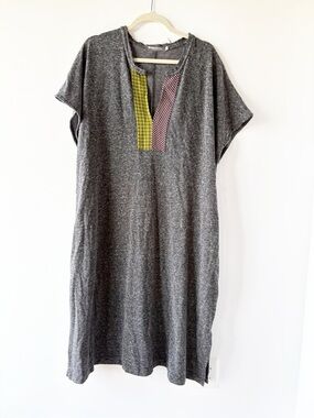 Alembika Short Sleeved Gray Knit Caftan Dress Split Neck Fabric Accent Boho